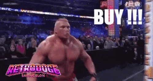 A Muscular Man Is Running In A Stadium With The Words Buy Written On The Screen Behind Him GIF