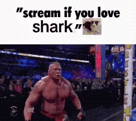 A Muscular Man Is Running In A Wrestling Ring With The Words `` Scream If You Love Shark '' Above Him . GIF