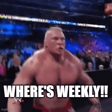 A Muscular Man Is Standing In Front Of A Crowd With The Words Where 'S Weekly ! GIF