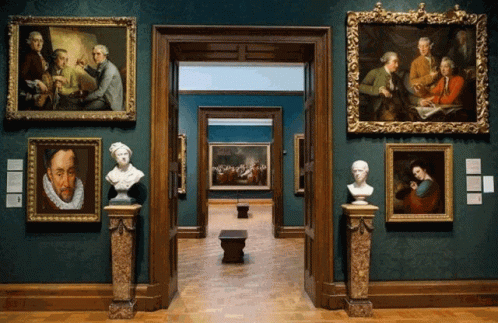 A Museum With A Lot Of Paintings And Busts GIF