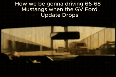 A Mustang Is Driving Down A Highway With A Caption That Says How We Be Gonna Driving 66-68 GIF