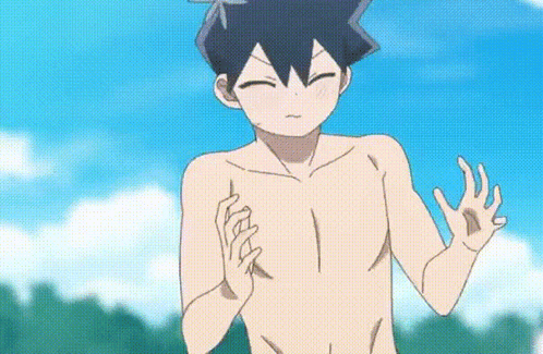 A Naked Anime Boy With Black Hair Is Standing In Front Of A Blue Sky . GIF