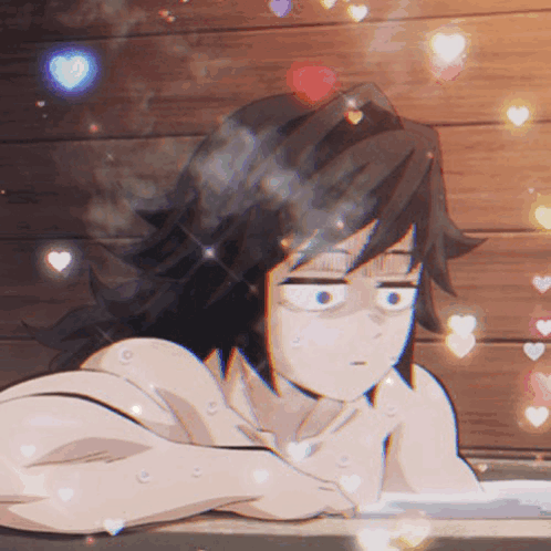 A Naked Anime Character Is Laying In A Bathtub With Hearts Surrounding Him GIF