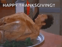 A Naked Man Is Laying On A Plate Of Food With The Words `` Happy Thanksgiving !! Hey , Buddy . '' GIF