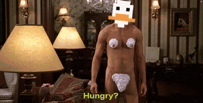 A Naked Man Is Standing In A Living Room With The Word Hungry On The Bottom Right GIF
