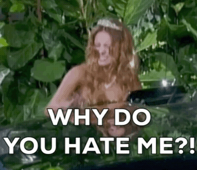 A Naked Woman With A Tiara On Her Head Is Standing In A Pool Of Water And Asking Why Do You Hate Me ? GIF