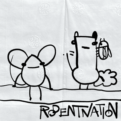 A Napkin With A Drawing Of A Dog And A Fly And The Words Rodentnation On It GIF