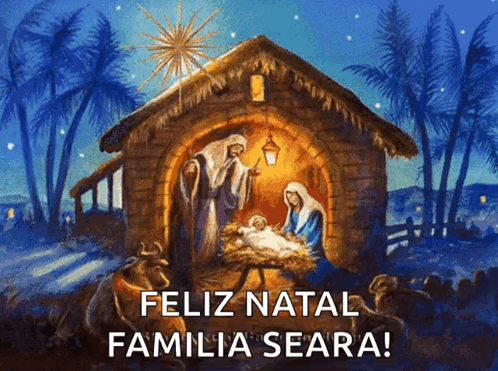 A Nativity Scene With The Words " Feliz Natal Familia Seara " Below It GIF