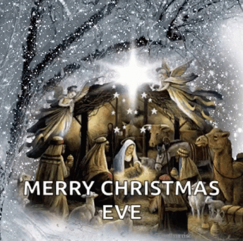 A Nativity Scene With The Words Merry Christmas Eve On The Bottom GIF
