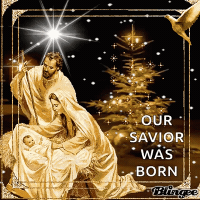 A Nativity Scene With The Words Our Savior Was Born GIF