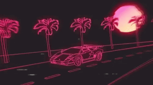 A Neon Car Is Driving Down A Street With Palm Trees And The Sun Behind It . GIF