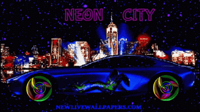 A Neon City Poster With A Car And A Woman GIF