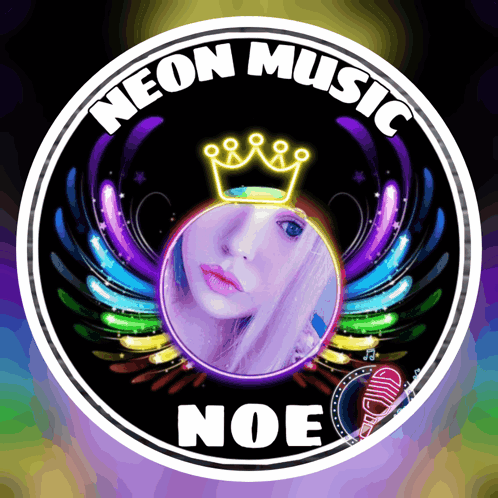 A Neon Music Logo With A Picture Of A Woman In The Center GIF