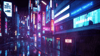 A Neon Sign Is Lit Up In The Middle Of A City GIF