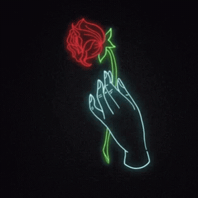 A Neon Sign Of A Hand Holding A Rose . GIF