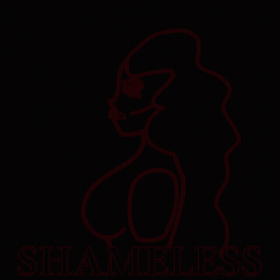 A Neon Sign Of A Woman With The Word Shameless Below Her GIF
