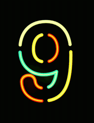 A Neon Sign Of The Number 9 On A Dark Background GIF