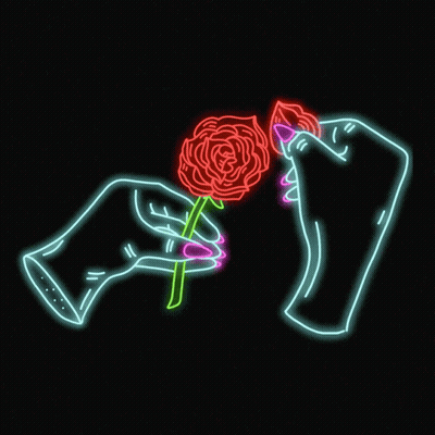 A Neon Sign Of Two Hands Holding A Red Rose GIF