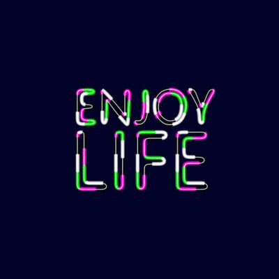 A Neon Sign Says Enjoy Life On A Dark Blue Background GIF