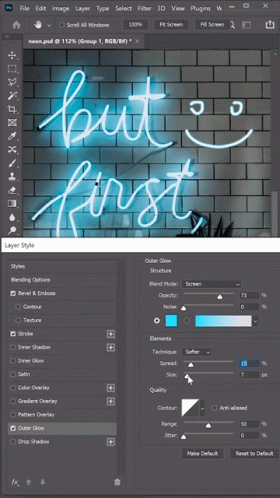 A Neon Sign That Says But First Is Being Created In Photoshop GIF