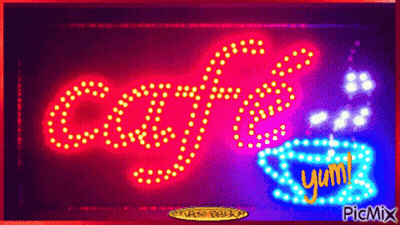 A Neon Sign That Says Cafe And A Cup Of Coffee GIF