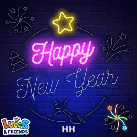 A Neon Sign That Says Happy New Year With Lucas & Friends On The Bottom GIF