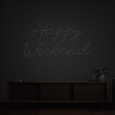 A Neon Sign That Says Happy Weekend Is Lit Up In A Dark Room GIF