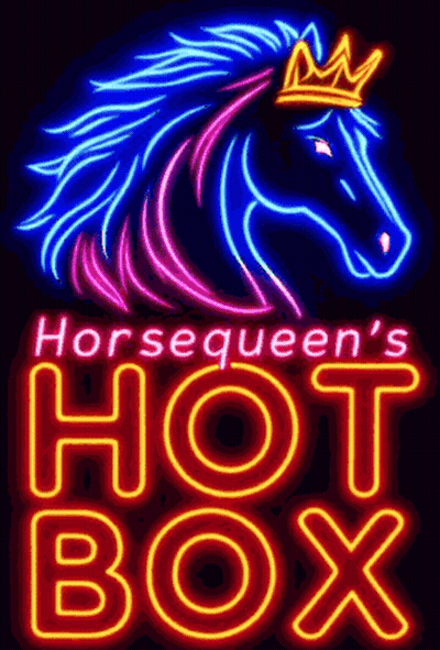 A Neon Sign That Says Horsequeen 'S Hot Box With A Horse Wearing A Crown GIF
