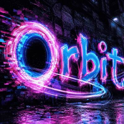 A Neon Sign That Says Orbit On A Dark Background GIF