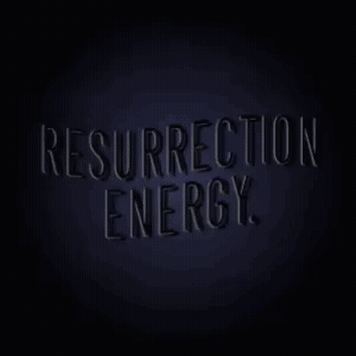 A Neon Sign That Says Resurrection Energy On A Dark Blue Background GIF