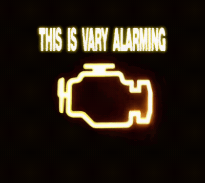 A Neon Sign That Says This Is Vary Alarming With A Yellow Engine Icon GIF