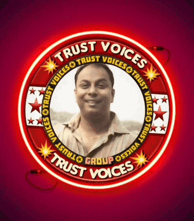 A Neon Sign That Says Trust Voices With A Picture Of A Man GIF