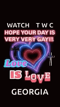 A Neon Sign That Says `` Watch Twc Hope Your Day Is Very Very Gay !! '' GIF