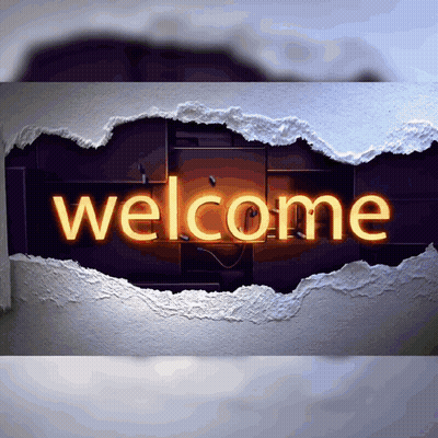 A Neon Sign That Says Welcome Is Behind A Ripped Wall GIF