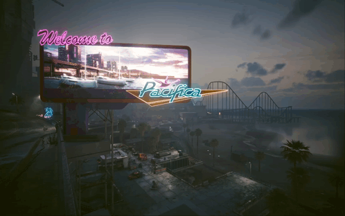 A Neon Sign That Says Welcome To Pacifica Is Above A Roller Coaster GIF