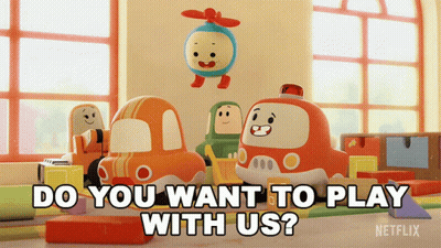A Netflix Ad With Toys And The Words Do You Want To Play With Us On The Bottom GIF