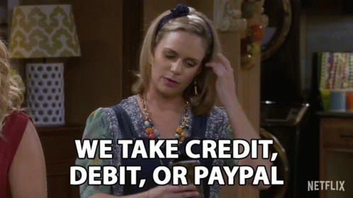 A Netflix Advertisement Shows A Woman Holding A Cell Phone And Saying We Take Credit Debit Or Paypal GIF