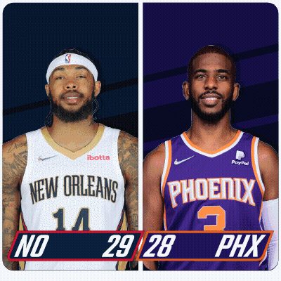 A New Orleans Basketball Player And A Phoenix Basketball Player Standing Next To Each Other GIF