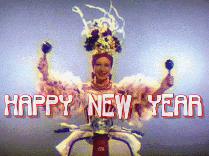 A New Year Greeting Card With A Woman In A Costume GIF
