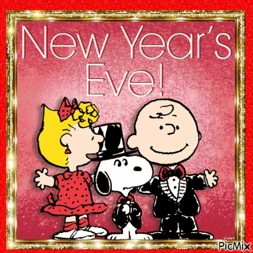 A New Year 'S Eve Greeting Card With Snoopy And Charlie Brown GIF