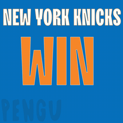 A New York Knicks Poster With A Penguin Holding A Red Basketball GIF