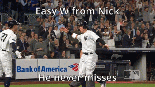 A New York Yankees Baseball Player Celebrates A Home Run In Front Of A Bank Of America Sign GIF