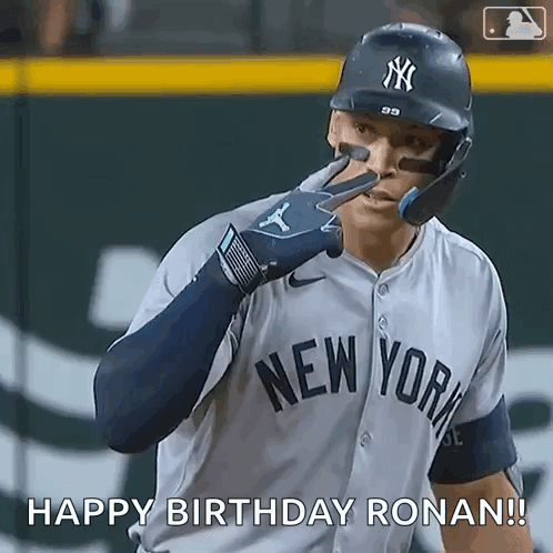 A New York Yankees Baseball Player Is Wearing A Helmet And Gloves And Wishing Someone A Happy Birthday . GIF