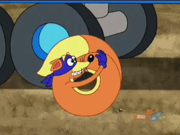 A Nickelodeon Cartoon Of A Raccoon With A Yellow Hat And A Yellow Ring Around His Mouth GIF
