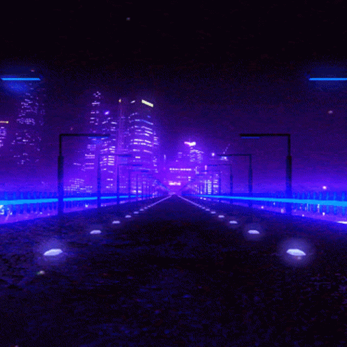 A Night Scene With Purple Lights And A Bridge In The Foreground GIF