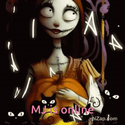 A Nightmare Before Christmas Sally Is Holding A Pumpkin And A Black Cat . GIF