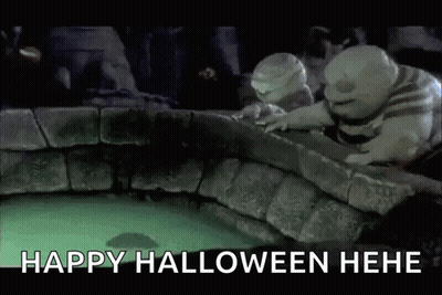 A Nightmare Before Christmas Scene With Two Mummys And The Words `` Happy Halloween Hele '' GIF