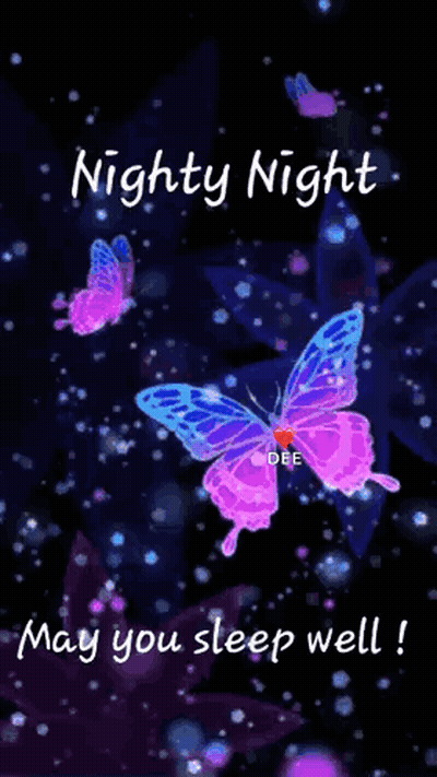 A Nighty Night May You Sleep Well With Purple Butterflies On A Black Background . GIF
