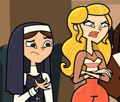A Nun And A Blonde Woman Are Standing Next To Each Other With Their Arms Crossed GIF