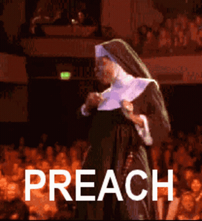 A Nun Is Standing In Front Of A Crowd With The Word Preach Written In White GIF